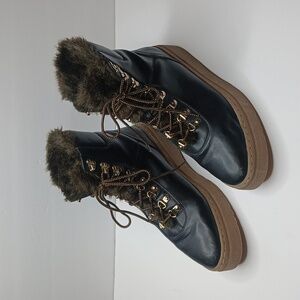 Zara Basic Combat Boots Womens 41 Black‎ Faux Fur Trim Platform Hiker Moto Boots